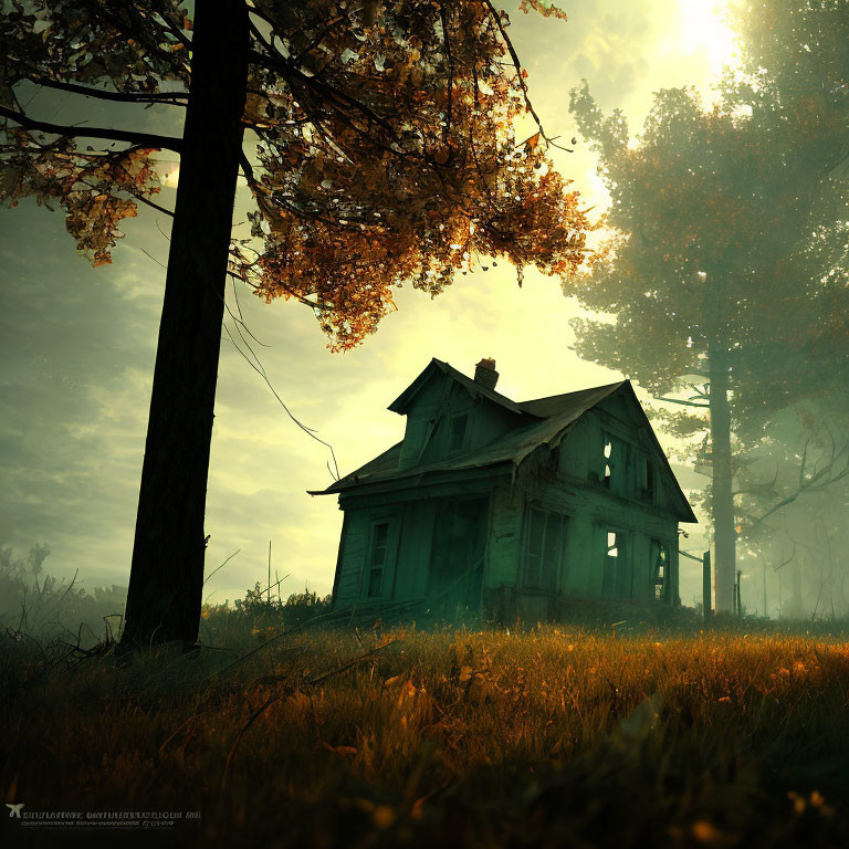 Weathered green house in misty autumn field with golden light.