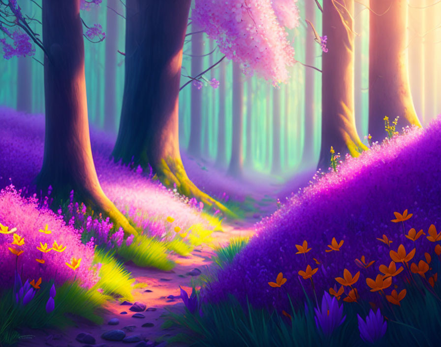 Enchanting forest with glowing purple flora and sunbeams