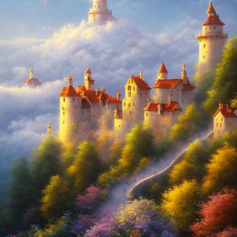 Fairytale Castle with Spired Towers and Blooming Trees in Golden Sunlight