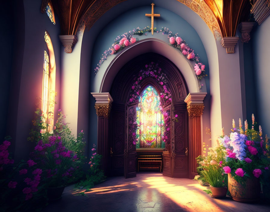 Colorful sunlight through vibrant stained glass window in flower-adorned church