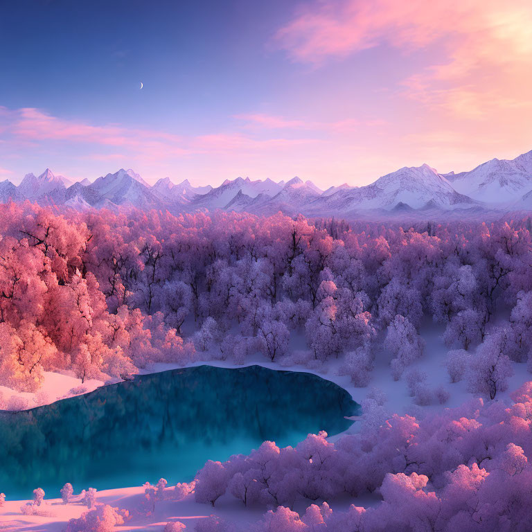 Snow-covered trees, turquoise lake, mountain range at dusk