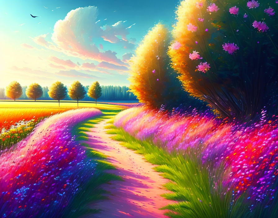 Colorful Landscape Painting: Split Path, Flower Fields, Sunset Sky, Birds