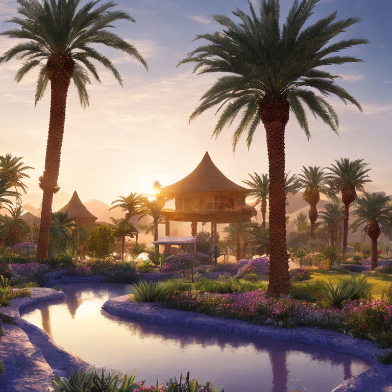 Tranquil oasis with palm trees, serene pond, lush flora, and ornate pavilion