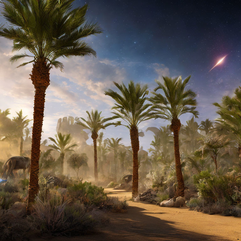 Twilight desert oasis with palm trees, elephant, comet, and rock formations