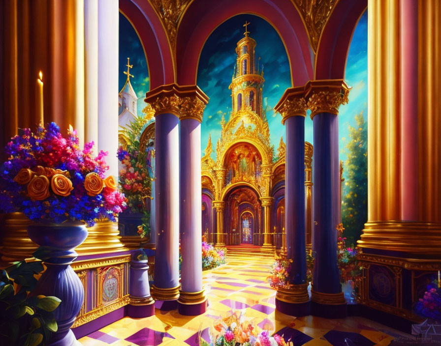 Regal church interior painting with purple and gold tones