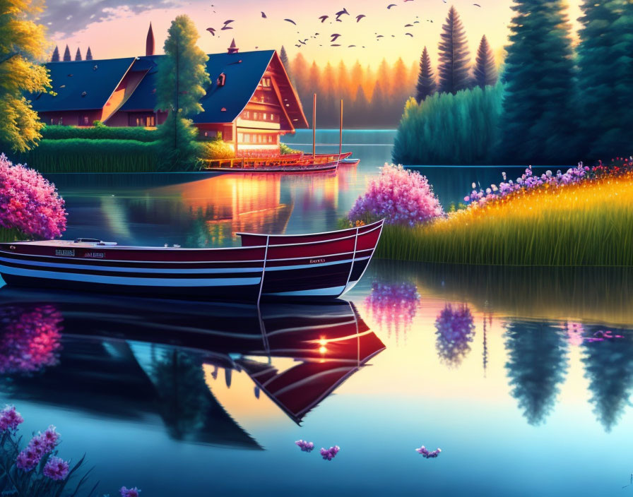 Scenic lake view with boats, flowers, houses, birds, and sunset