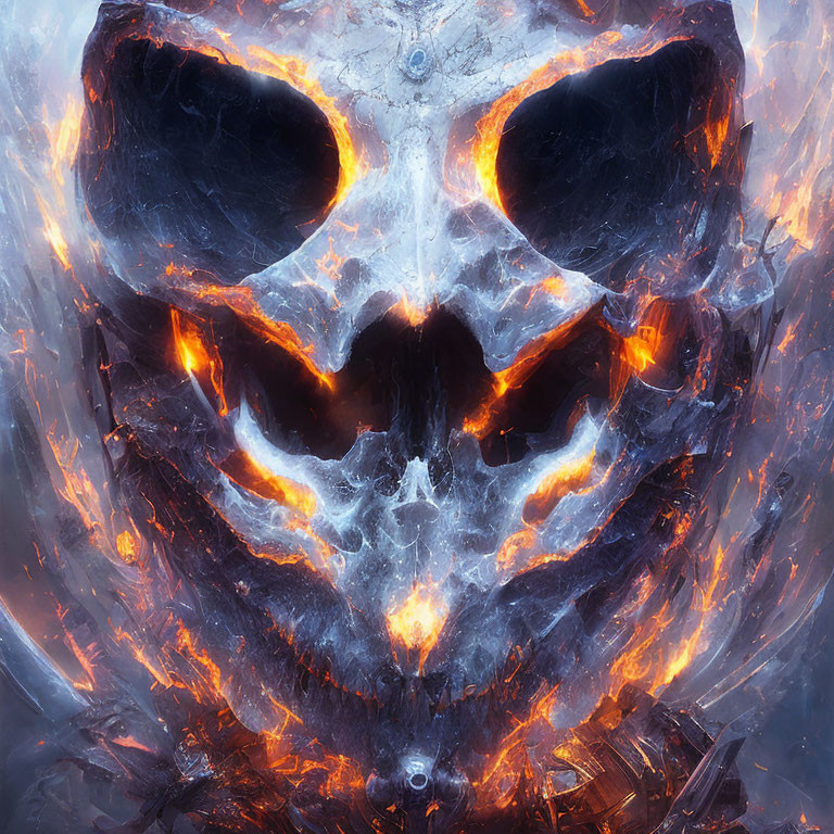 Digital illustration: Skull with glowing lava cracks on icy backdrop