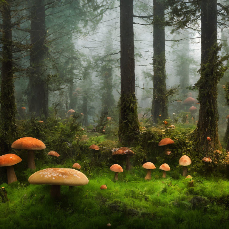 Mystical forest with towering trees and vibrant orange mushrooms