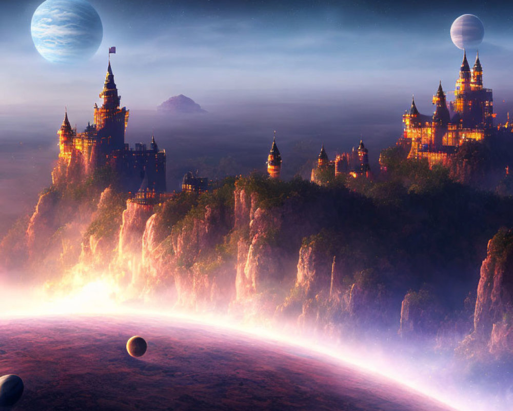 Majestic castles on cliffs under multiple moons in a fantasy landscape