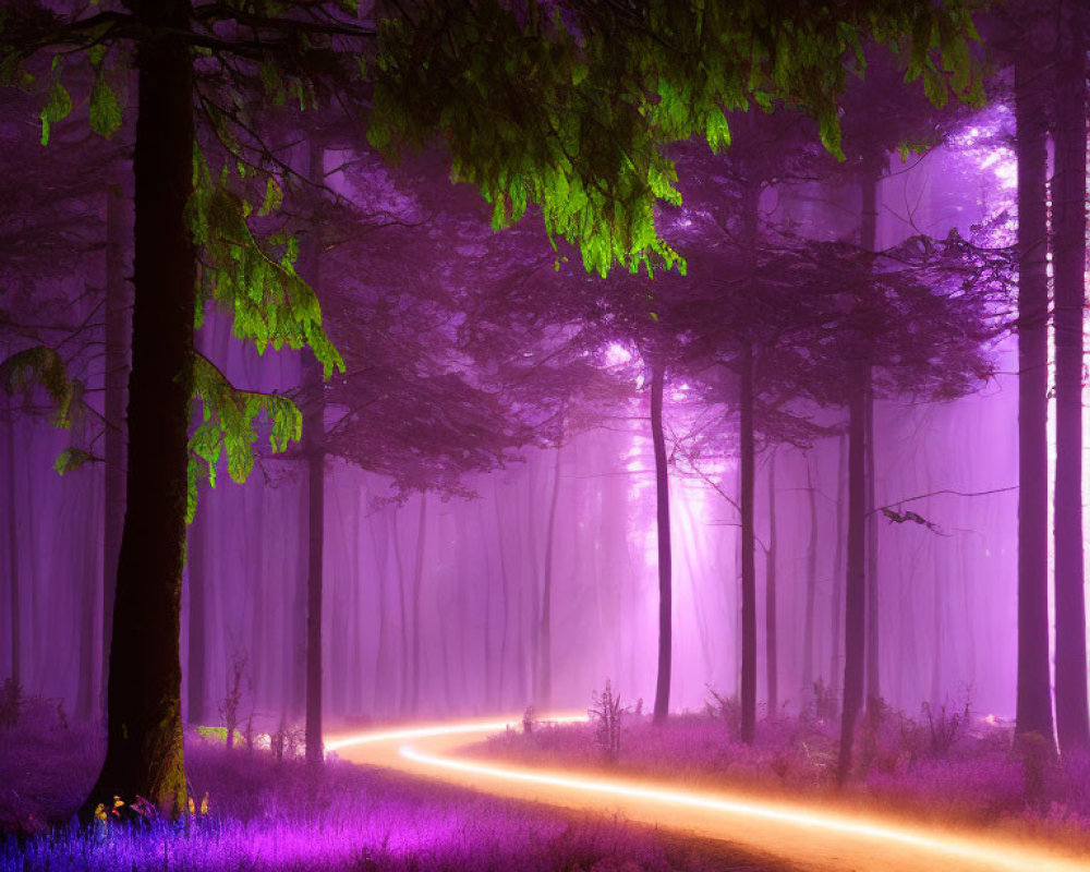 Mystical forest scene with vibrant purple hues and glowing green foliage