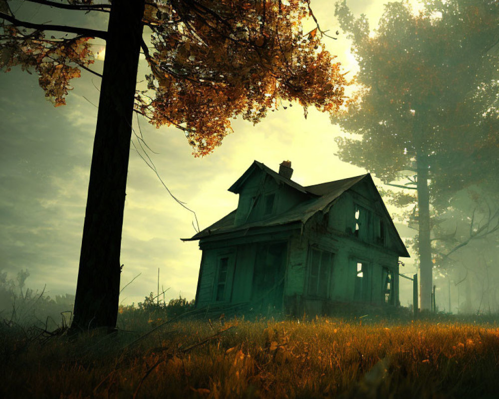 Weathered green house in misty autumn field with golden light.