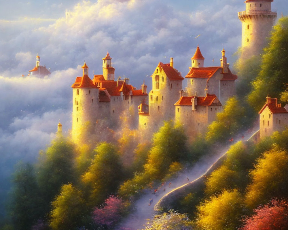 Fairytale Castle with Spired Towers and Blooming Trees in Golden Sunlight