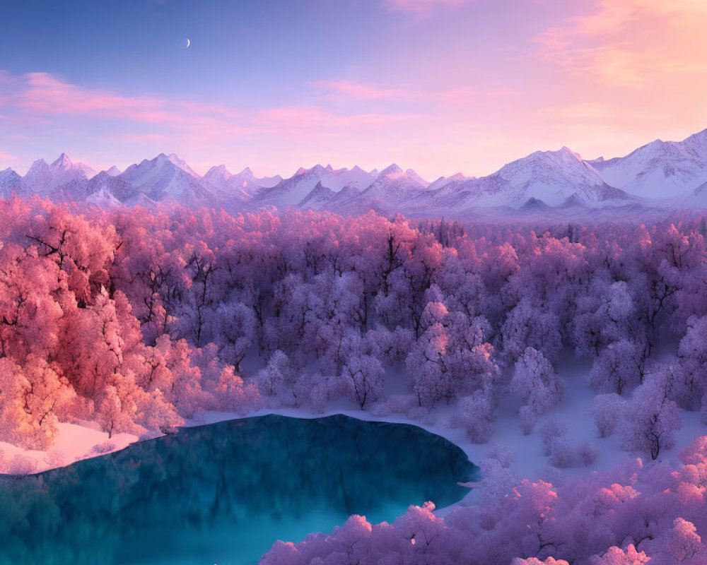 Snow-covered trees, turquoise lake, mountain range at dusk