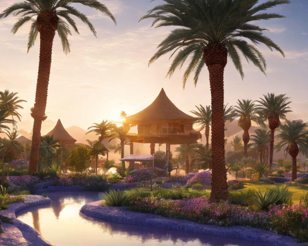 Tranquil oasis with palm trees, serene pond, lush flora, and ornate pavilion