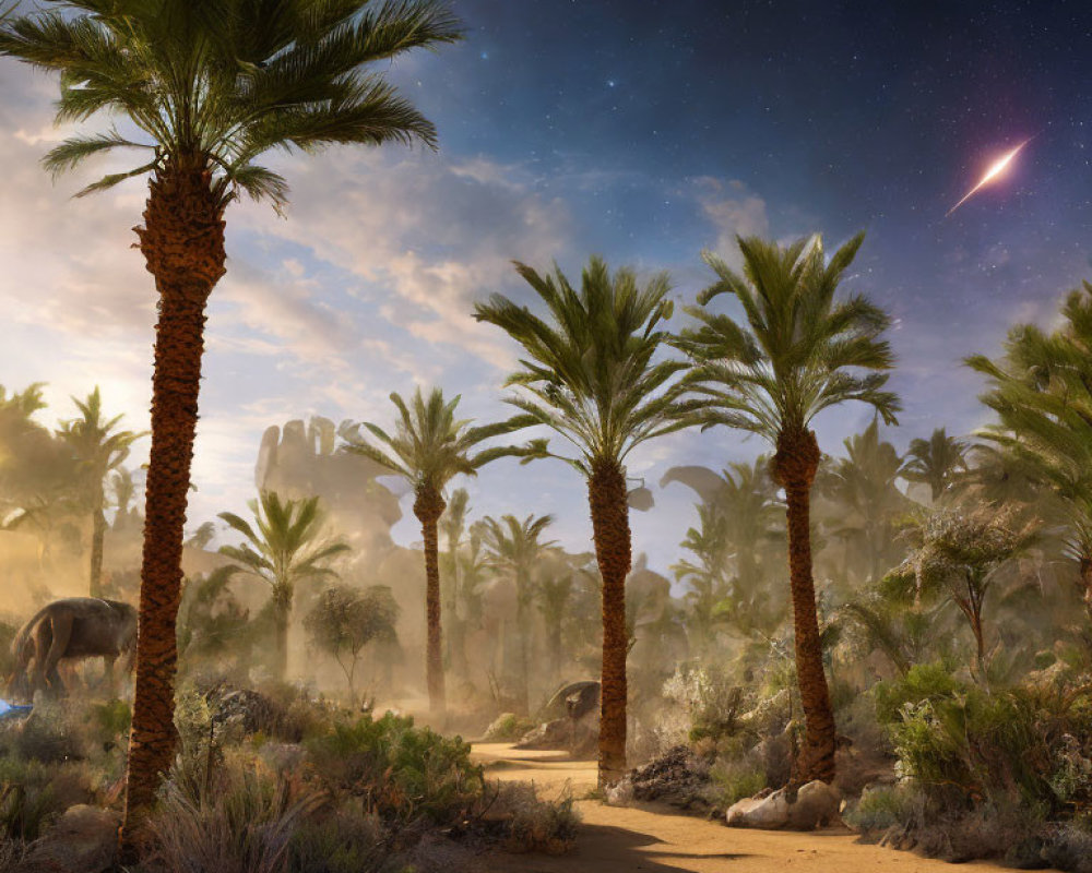 Twilight desert oasis with palm trees, elephant, comet, and rock formations