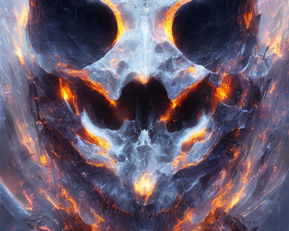 Digital illustration: Skull with glowing lava cracks on icy backdrop