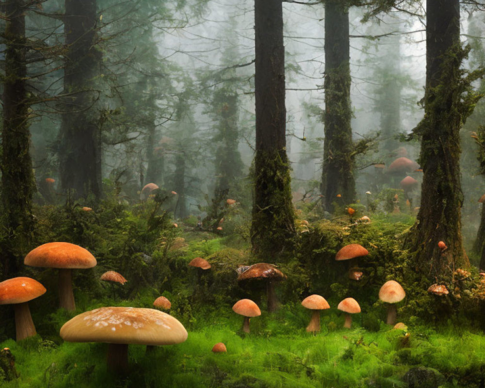 Mystical forest with towering trees and vibrant orange mushrooms