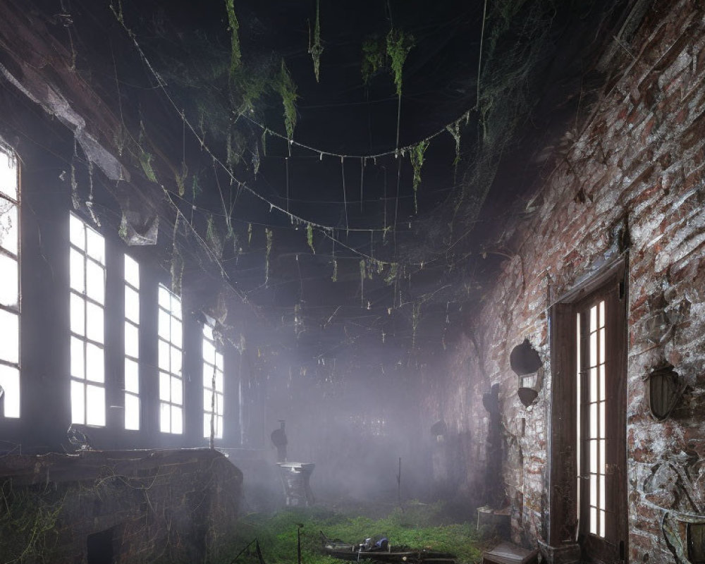 Decaying room with cobwebs and overgrown nature.