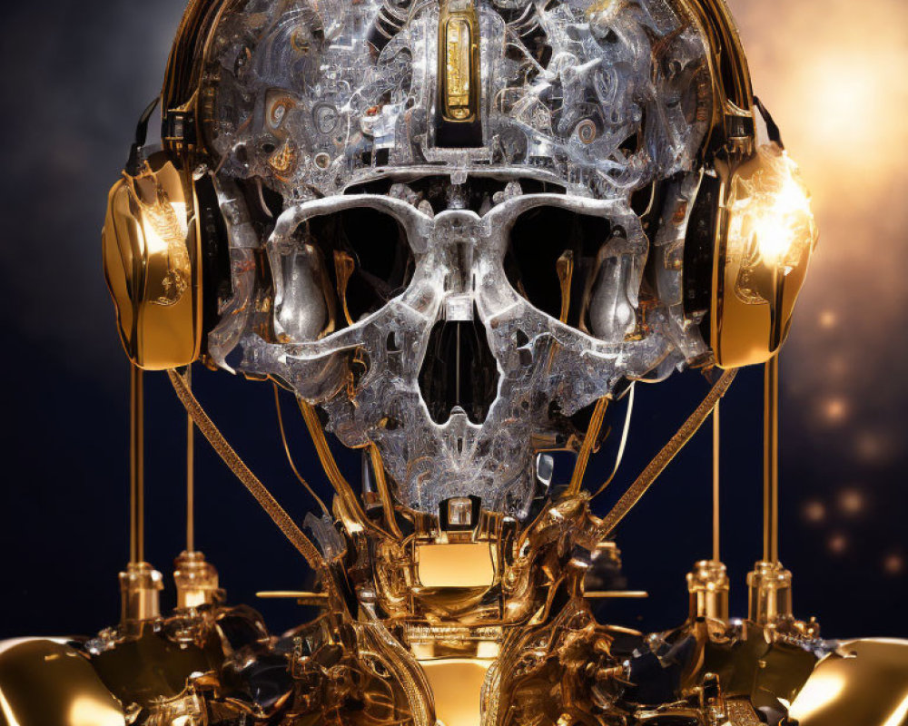 Golden-accented mechanical skull with headphones on starry background