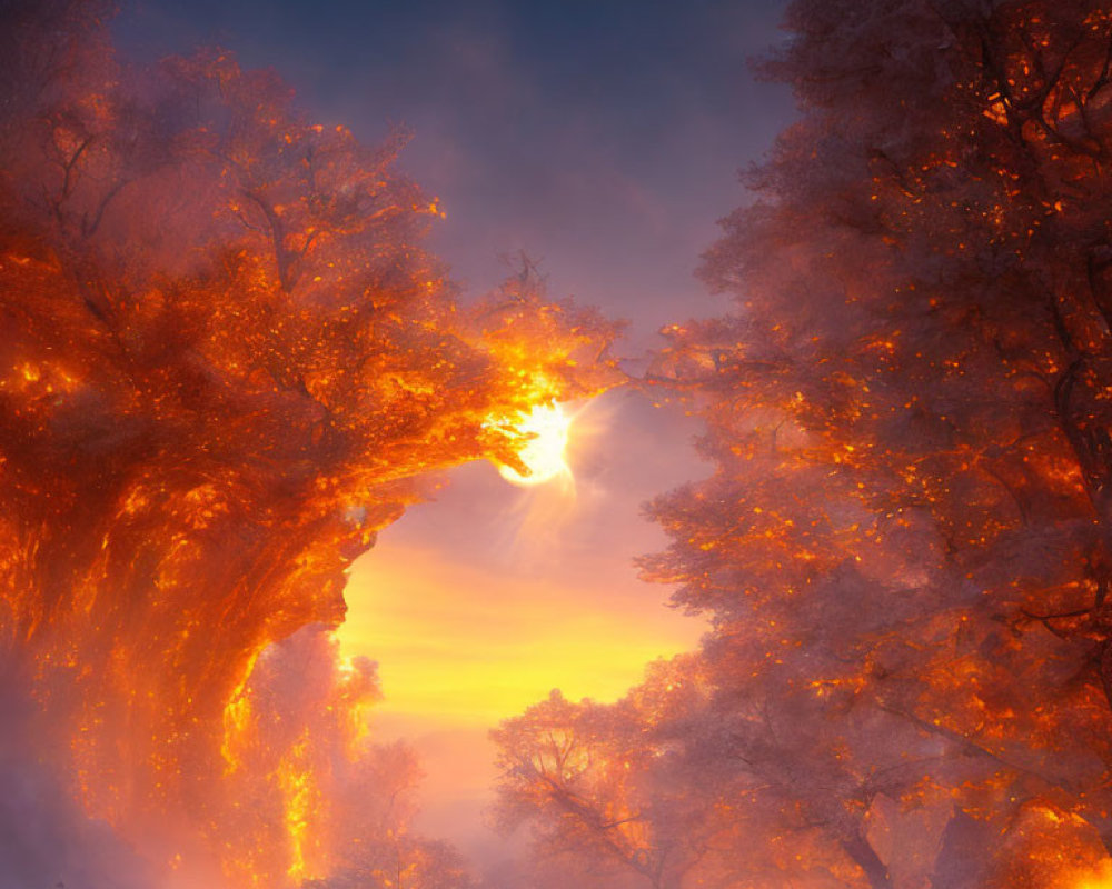 Intense flames engulf trees in smoky backdrop