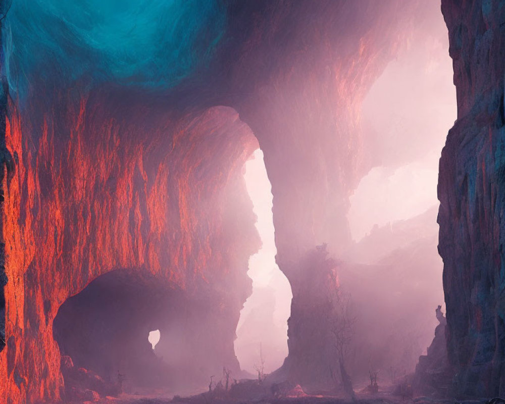 Mystical cave with heart-shaped opening and pink-blue hues