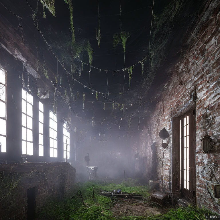 Decaying room with cobwebs and overgrown nature.