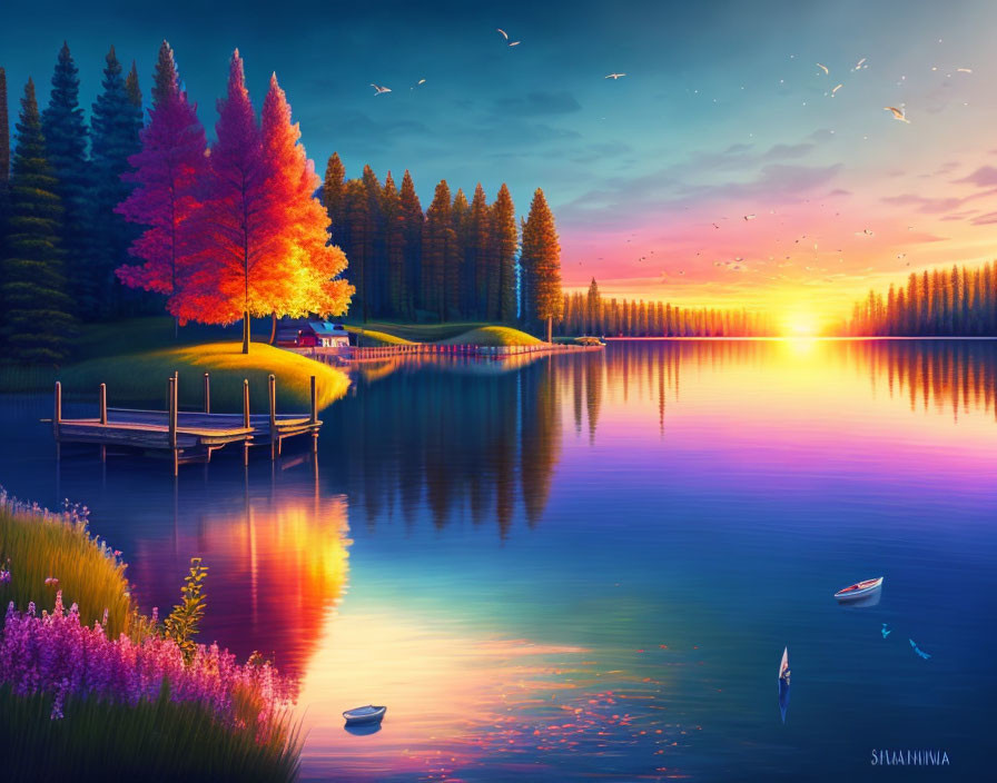 Tranquil Sunset Scene: Lake, Autumn Trees, Dock, Boat, Birds