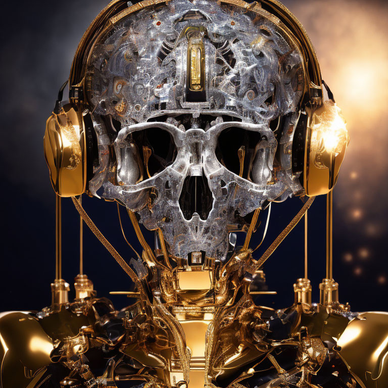 Golden-accented mechanical skull with headphones on starry background