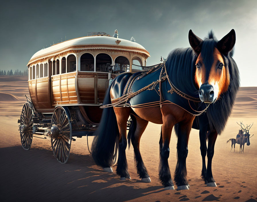 Ornate wooden carriage with horse on sandy terrain under cloudy sky