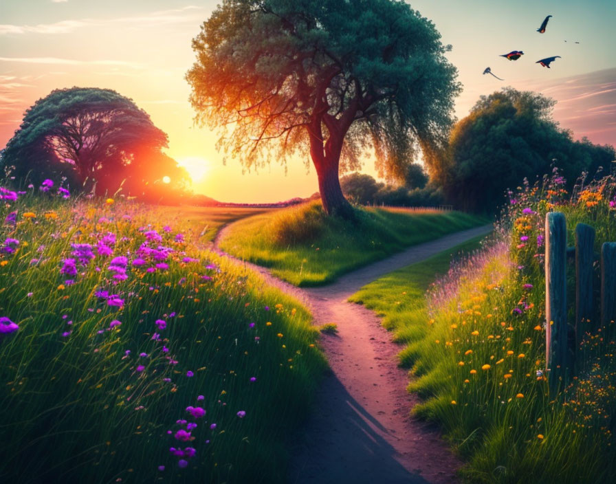 Tranquil sunset scene with winding pathway, purple wildflowers, lush greenery, majestic tree,