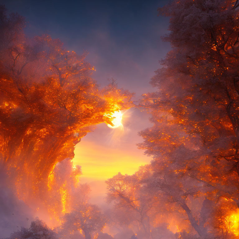 Intense flames engulf trees in smoky backdrop