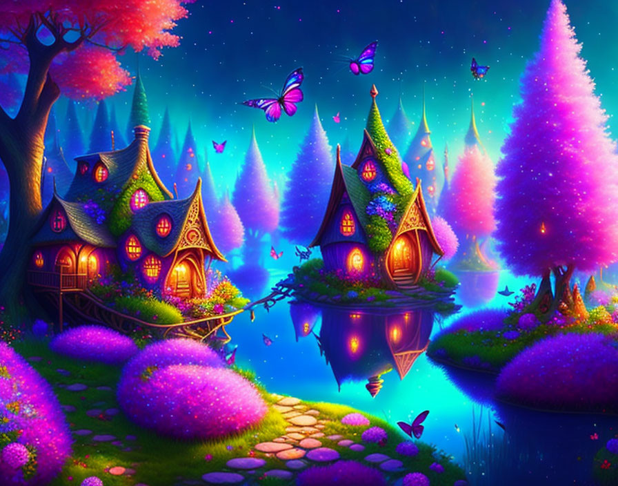 Fantasy landscape with whimsical houses, glowing trees, butterflies, and reflective lake