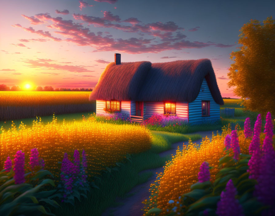 Thatched Roof Cottage Surrounded by Flowers at Sunset