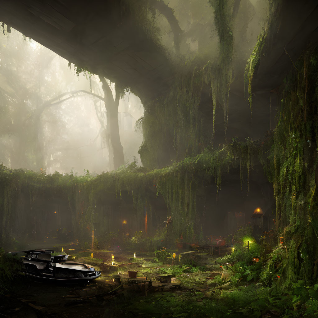 Mystical forest scene with lush greenery, hanging vines, mist, boat, pond, and