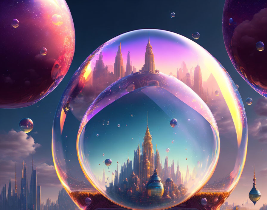 Surreal landscape with floating bubbles and futuristic cities in twilight sky