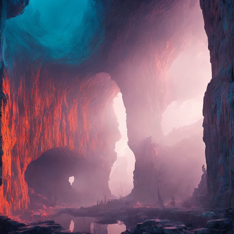 Mystical cave with heart-shaped opening and pink-blue hues