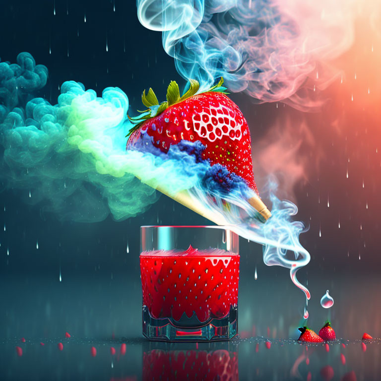 Colorful smoke trails above vibrant strawberry in strawberry glass with rainy backdrop