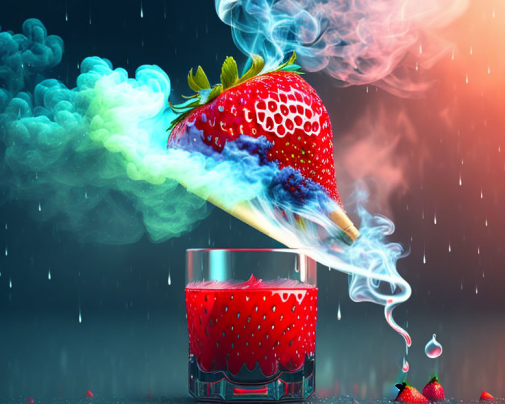 Colorful smoke trails above vibrant strawberry in strawberry glass with rainy backdrop