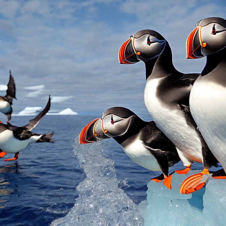 Black and white puffins with colorful beaks on rocky edge near ocean with icebergs in background