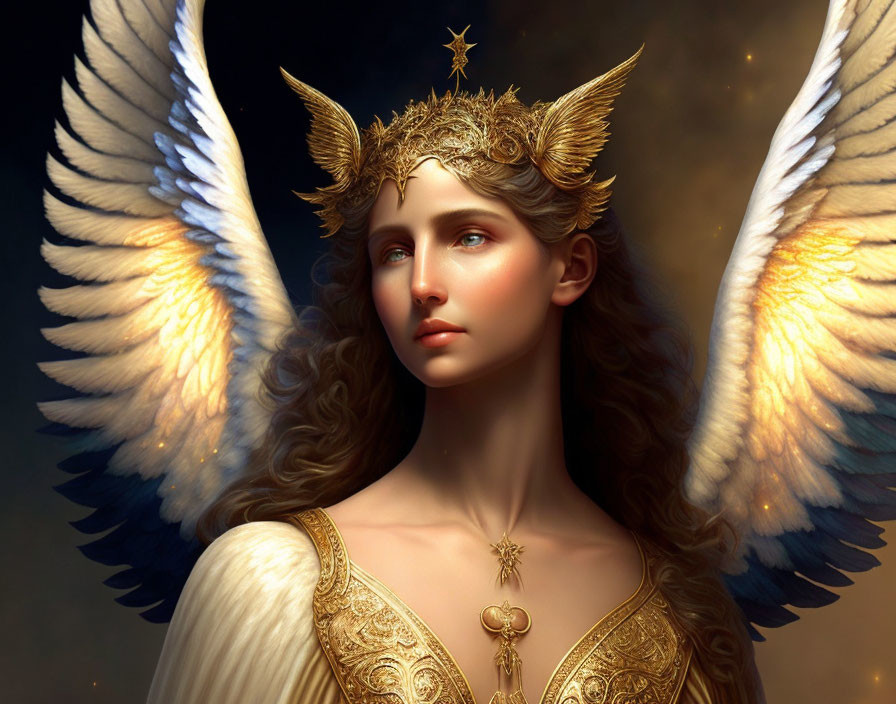 Golden-winged ethereal figure in regal crown and star-accented attire gazes thoughtfully