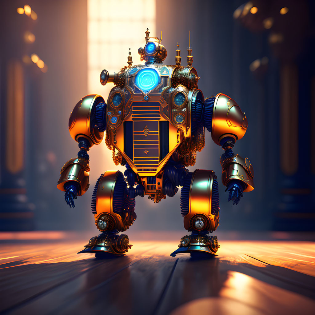 Ornate gold and blue detailed robot in warm lit room