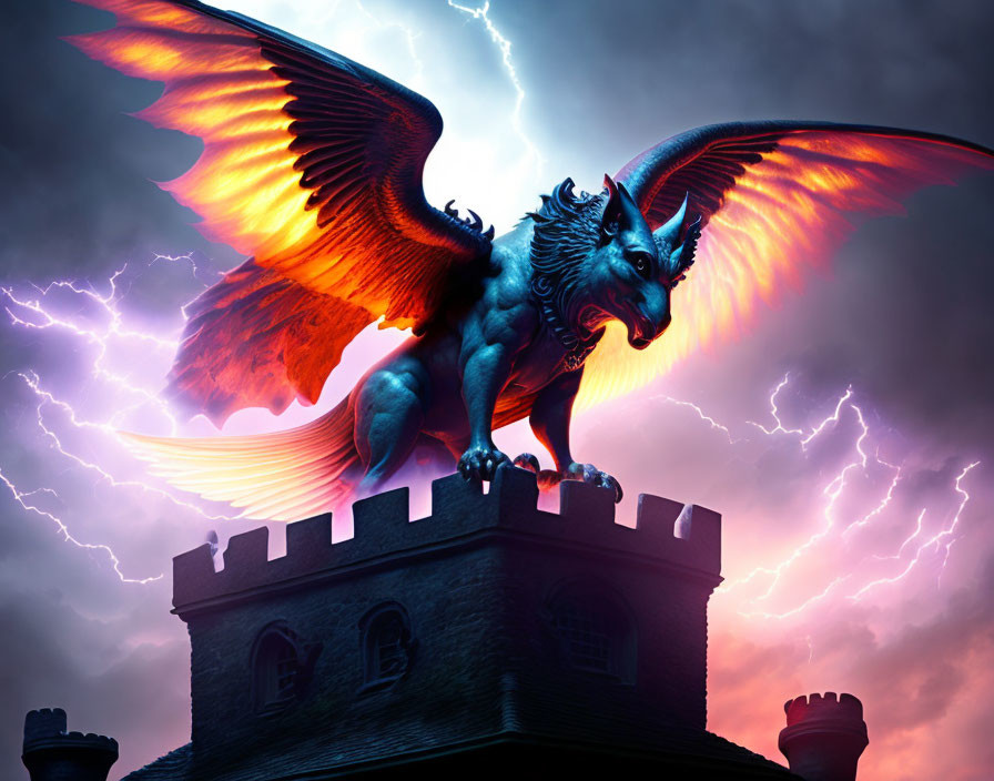 Fantasy creature with wings on castle tower in stormy sky