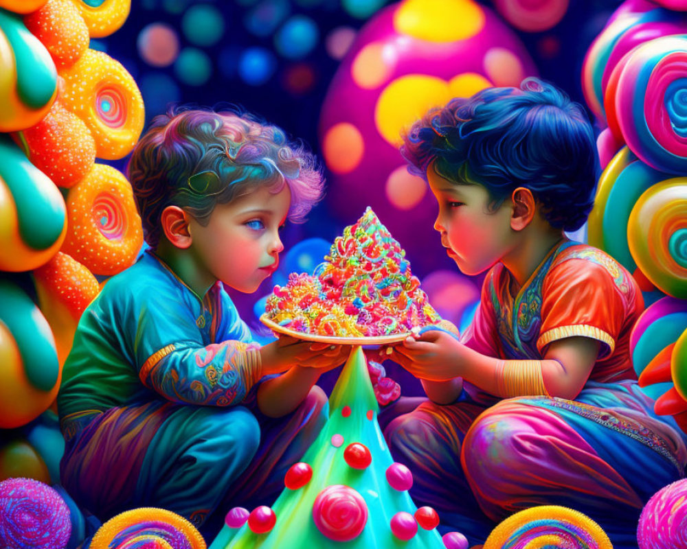 Children in colorful attire with Christmas tree-like dessert and swirling candies.