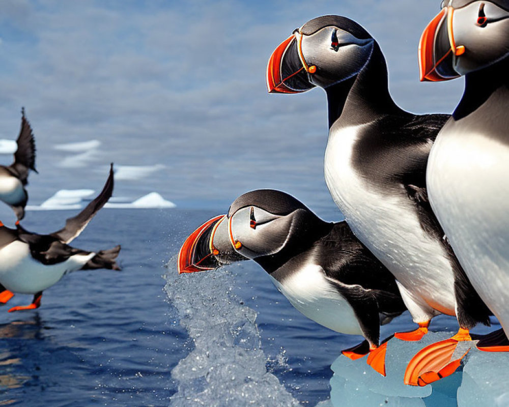 Black and white puffins with colorful beaks on rocky edge near ocean with icebergs in background