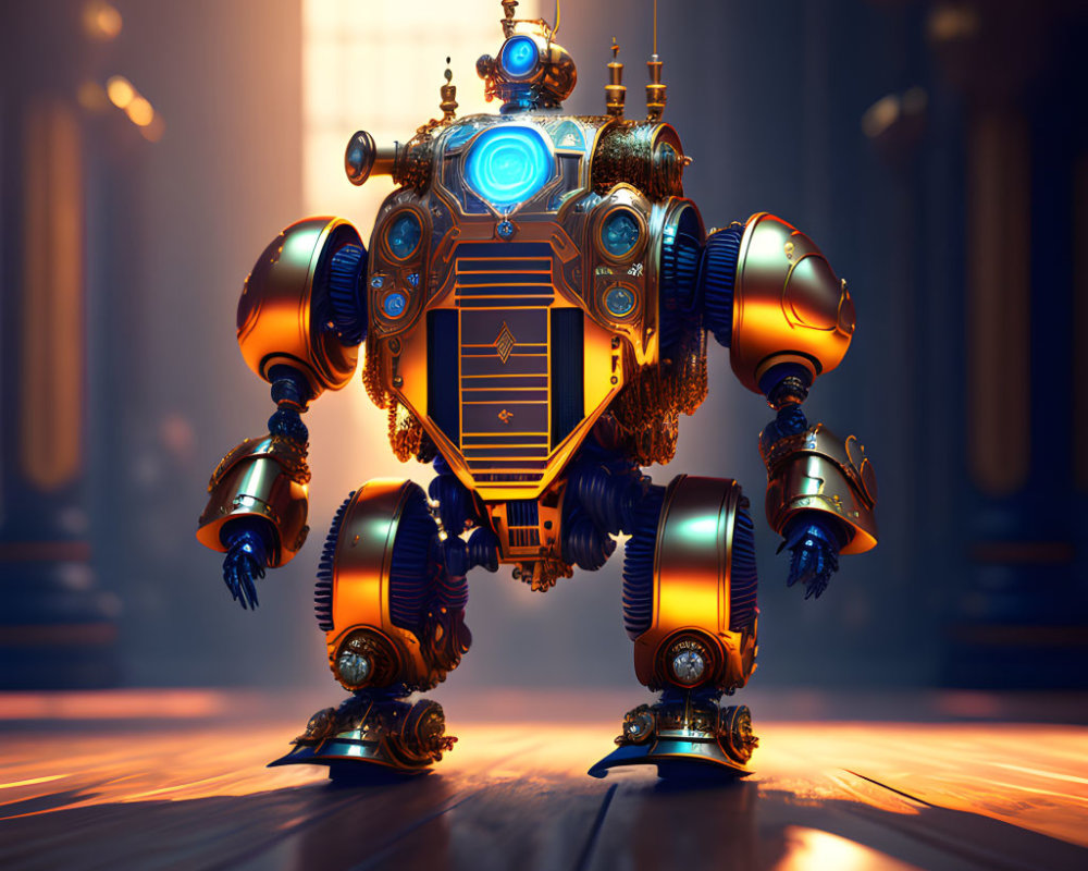 Ornate gold and blue detailed robot in warm lit room