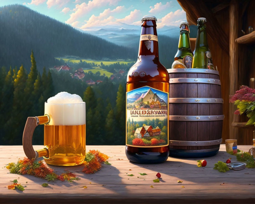 Beer-themed illustration with frothy mug, bottles, and barrel against countryside backdrop