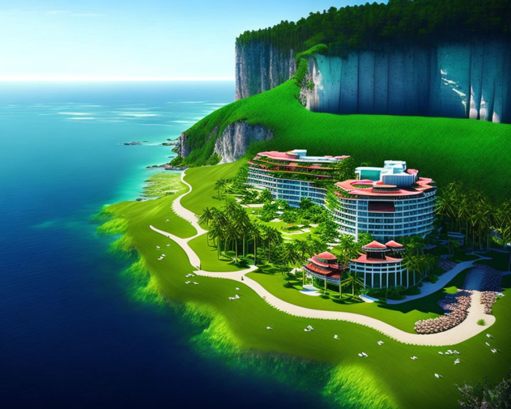 Circular futuristic resort on coastal cliff with greenery & blue sky