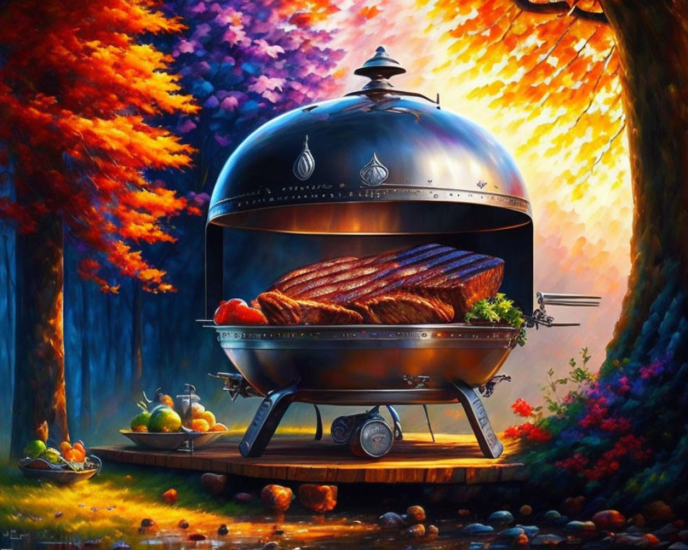 Colorful Stylized Painting: Barbecue Grill Cooking Meat Outdoors amid Autumn Trees