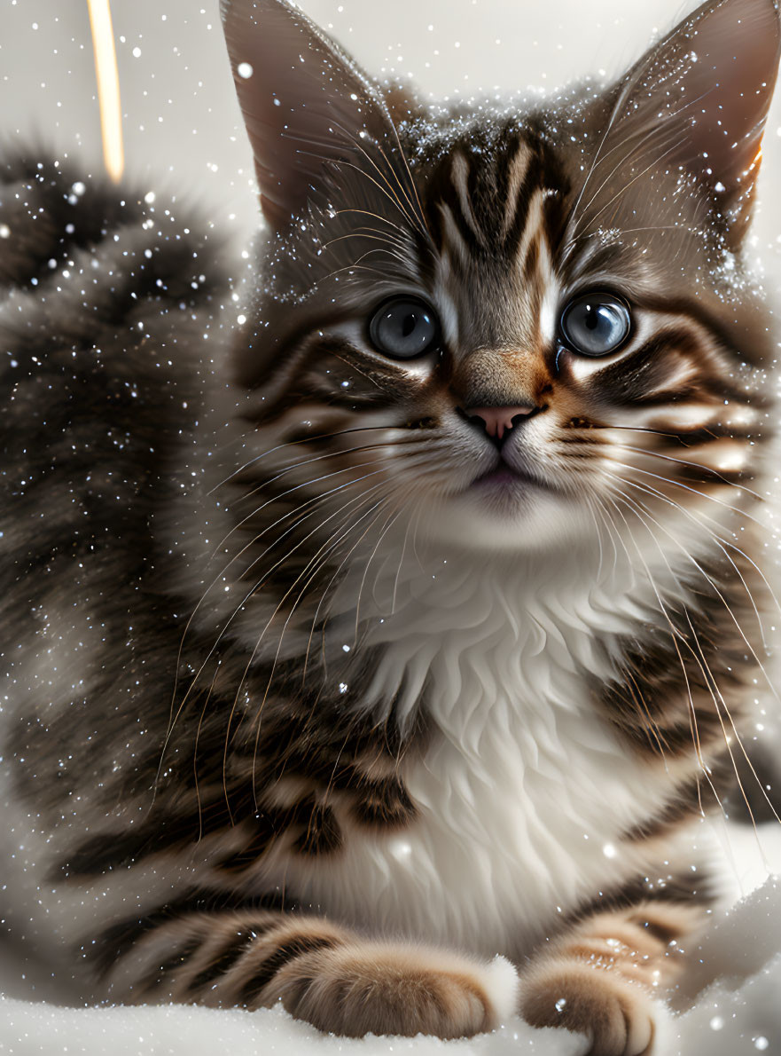 Fluffy Brown and White Kitten with Blue Eyes in Snowfall