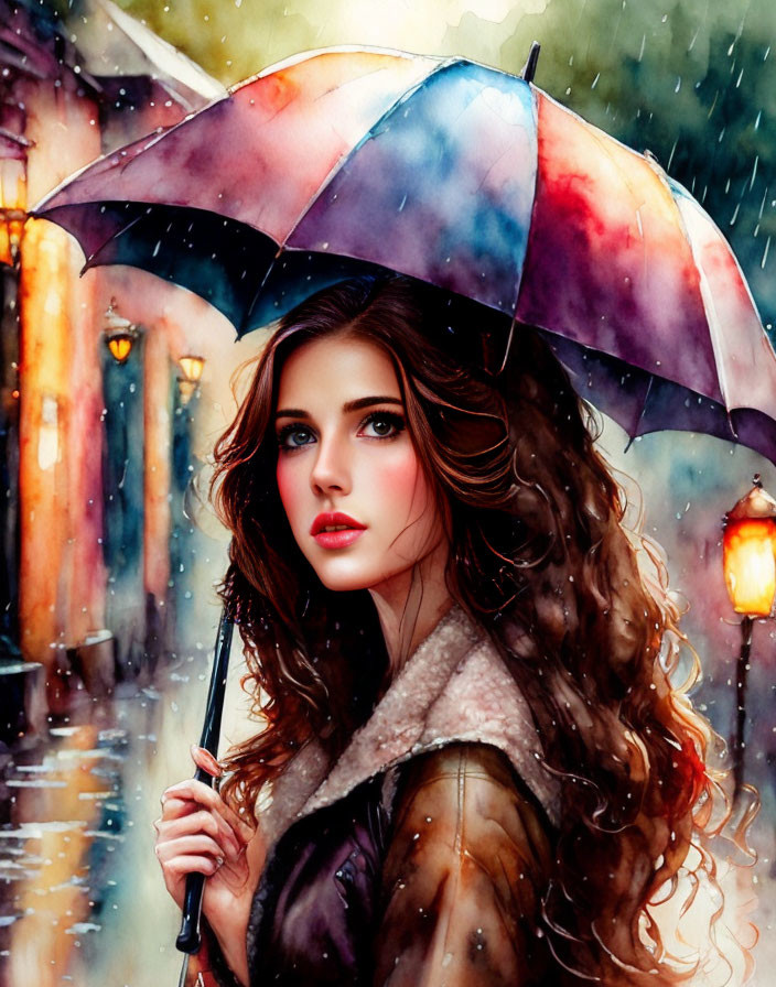 Woman with Long Wavy Hair Holding Umbrella in Rainy Lantern-Lit Street